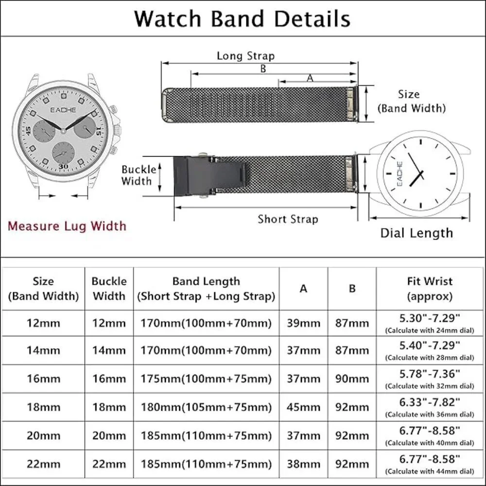 EACHE 20mm Silver Stainless Steel Mesh Watch Band - SSM06 Unisex